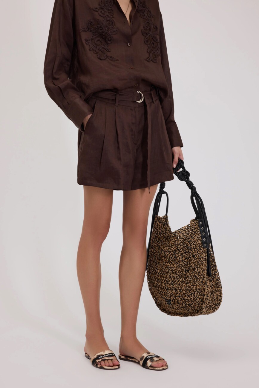 spodenki-ermanno-brązowe-lniane-pasek-modowe-letnie-butik-luisa-bydgoszcz